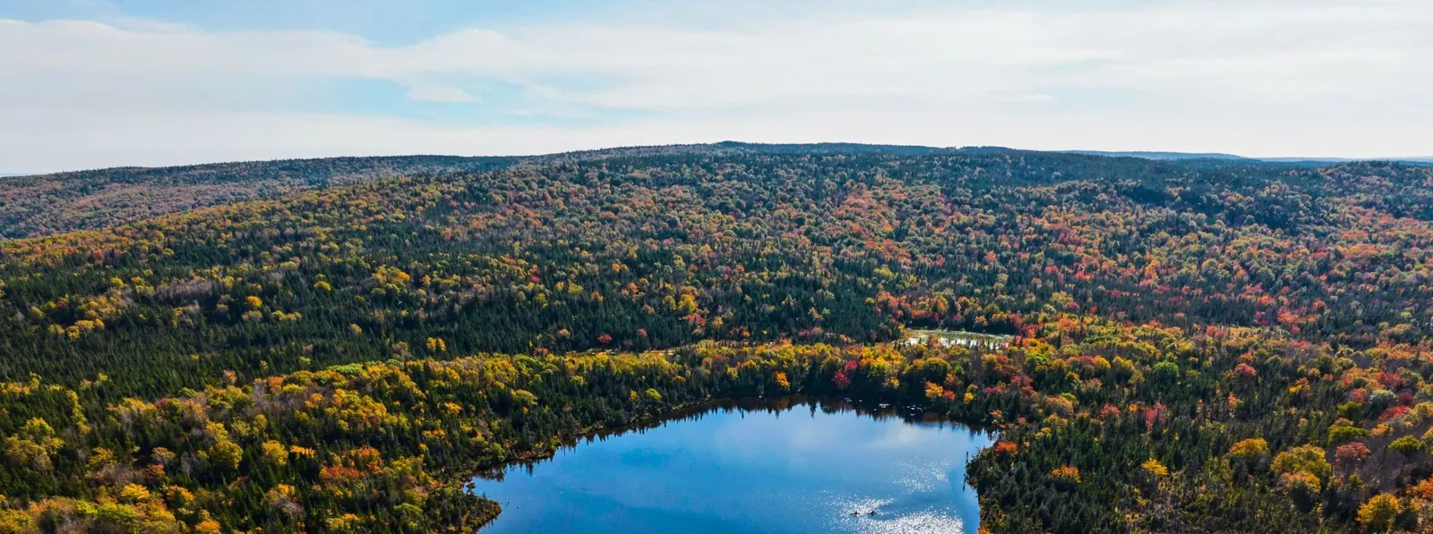 Aerial view of a lake surrounded by autumn forest in the Cape Breton Highlands