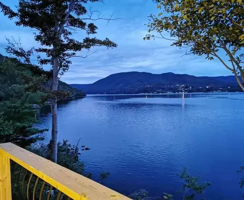 View over calm Ingonish Harbour from Knotty Pine Cottages