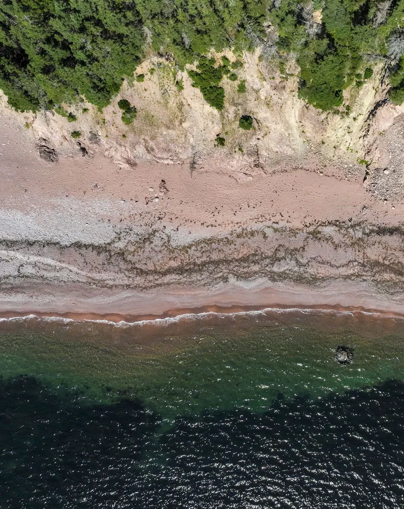Aerial view of a red sand beach where forest meets dark green Atlantic water