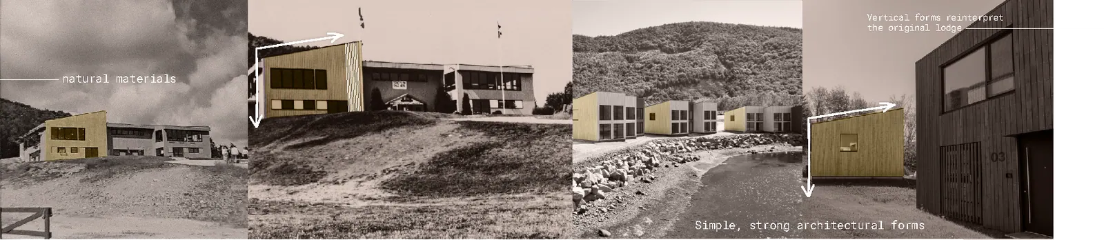 Archive photos of the original Cape Smokey lodge beside Cormorant Rock chalets, showing natural materials and simple, strong architectural forms