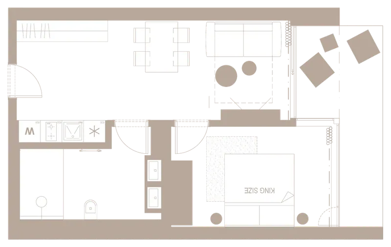 Floor plan of a typical one-bedroom Moose Hotel residence: kitchen and living space, terrace, bathroom and bedroom