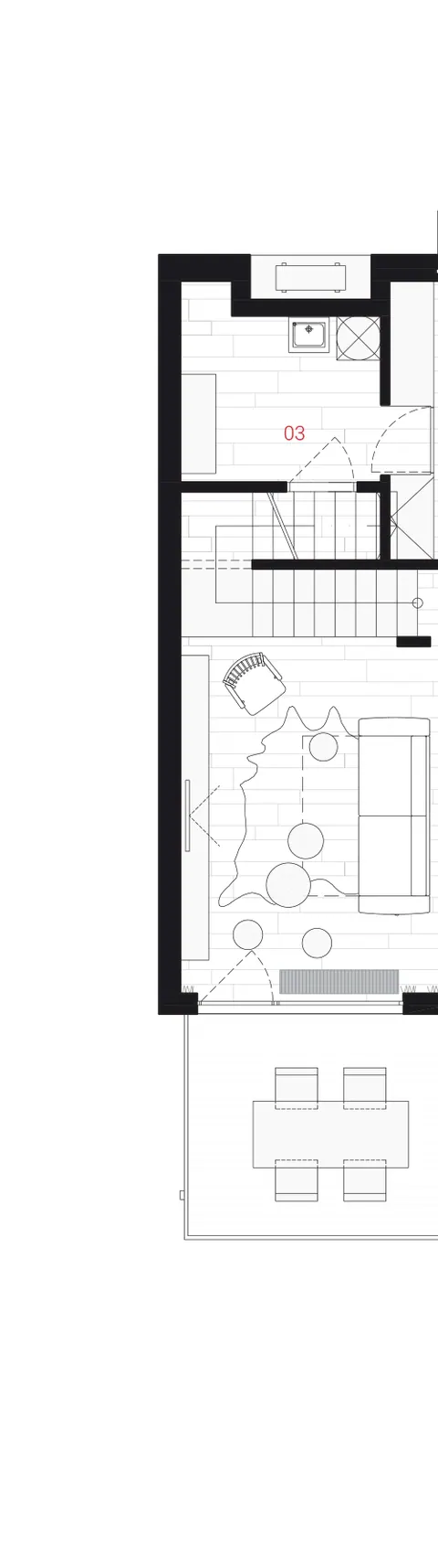 Ground floor plan: entrance hall, utility and laundry, bathroom, living room with kitchen and outdoor terrace
