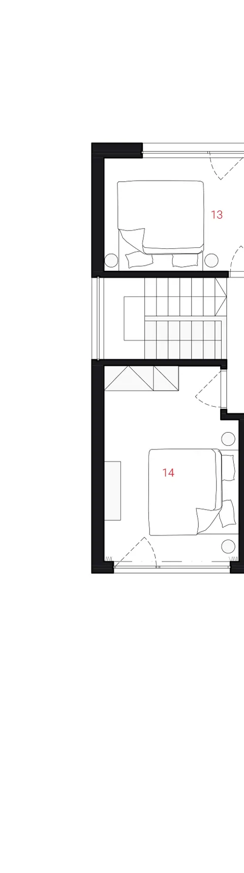 Upper floor plan: hall and staircase, three bedrooms and two bathrooms