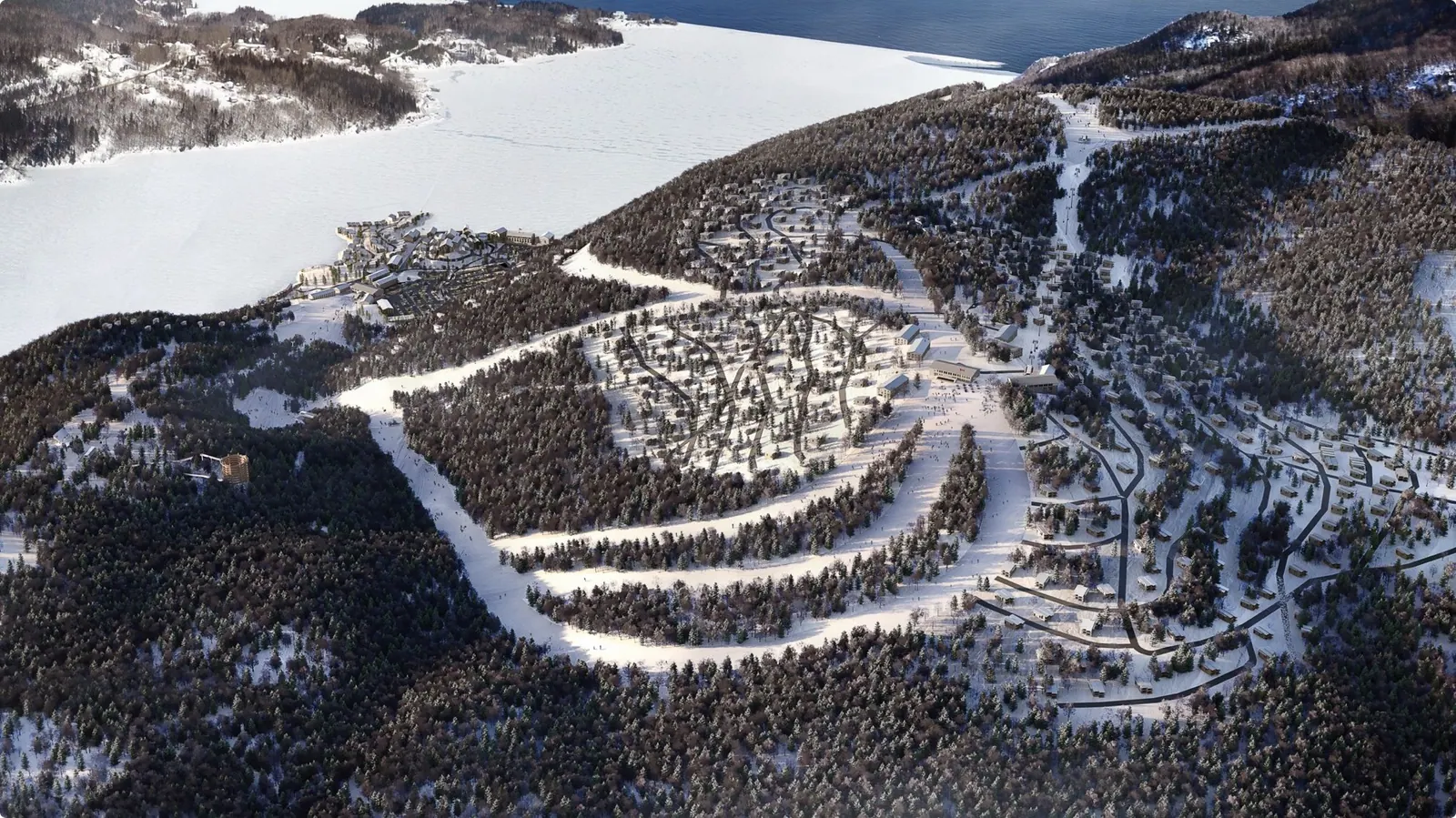 Aerial rendering of the Highlands expansion: new ski runs, lifts and cabins in snowy forest above the bay