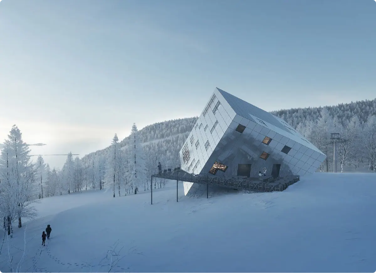 Rendering of The Cube, a tilted glass summit building in the snow