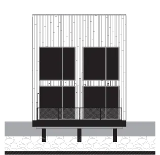 Rear elevation drawing with the two-level glazing and the terrace on posts