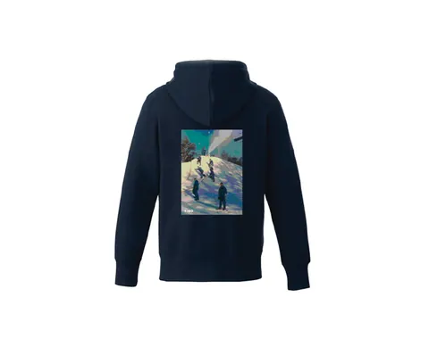 Navy hoodie with a ski photo print on the back