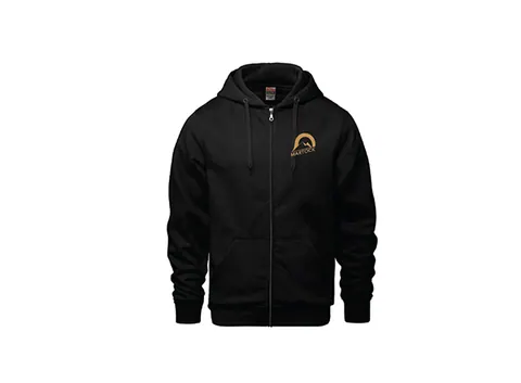 Black zip-up Martock hoodie with a gold chest logo