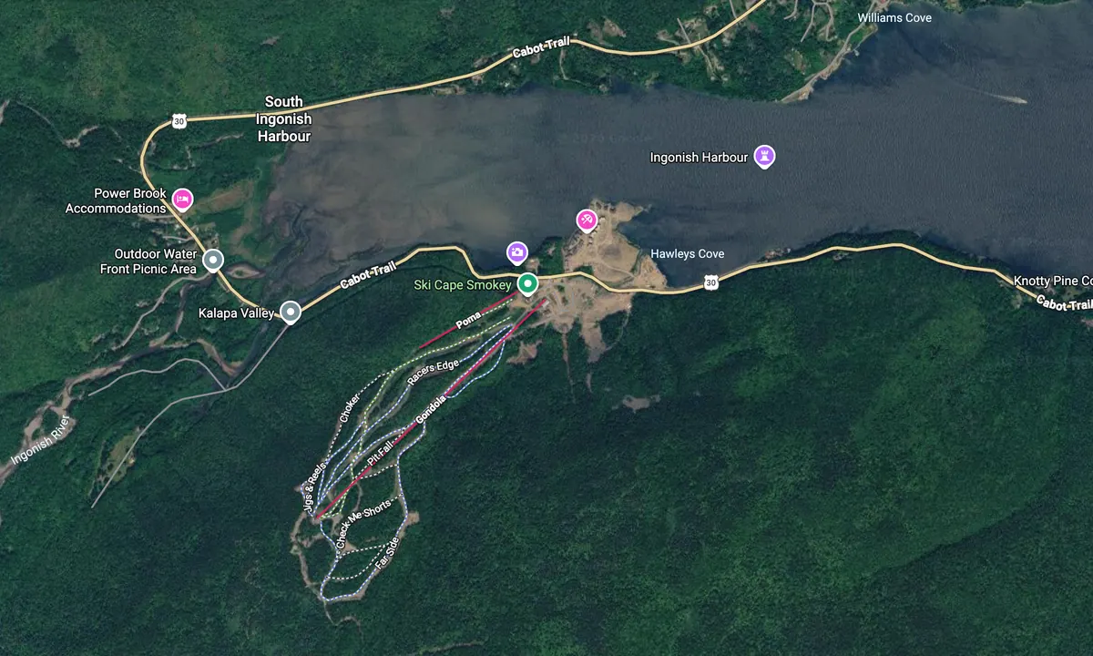 Satellite map of Ingonish Harbour with Ski Cape Smokey, the Cabot Trail and the ski runs marked