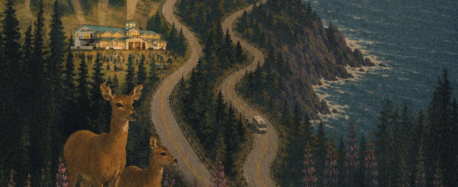 Illustrated Smokey & Martock Sessions artwork: deer beside a winding mountain road down to the ocean