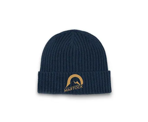 Navy knit Smokey beanie with a gold embroidered logo