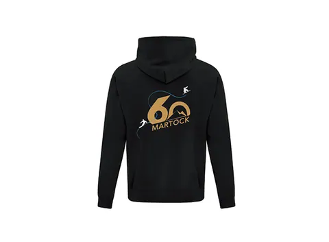 Black hoodie with a gold Martock 60th anniversary print