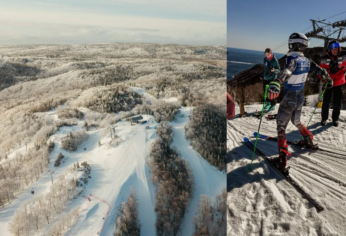 Snowy forested ski runs from above beside a racer and coach at the summit lift