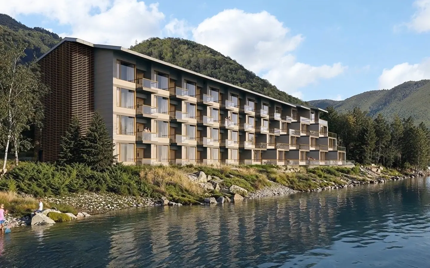 Rendering of the Moose Hotel: a four-storey building with stepped glass balconies on the lakeshore, forested mountains behind