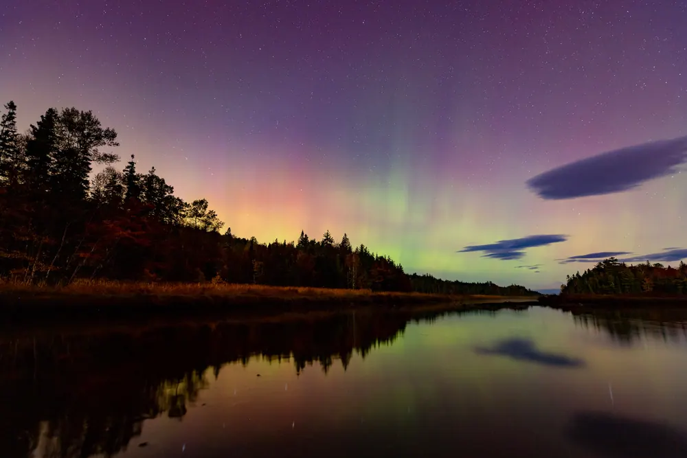 Northern lights glowing over a still river lined with dark spruce trees